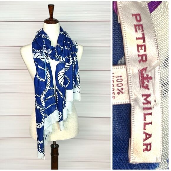 NWT Peter Millar Large Oblong Scarf Lightweight Viscose White Blue Women’s Men’s - Picture 1 of 12